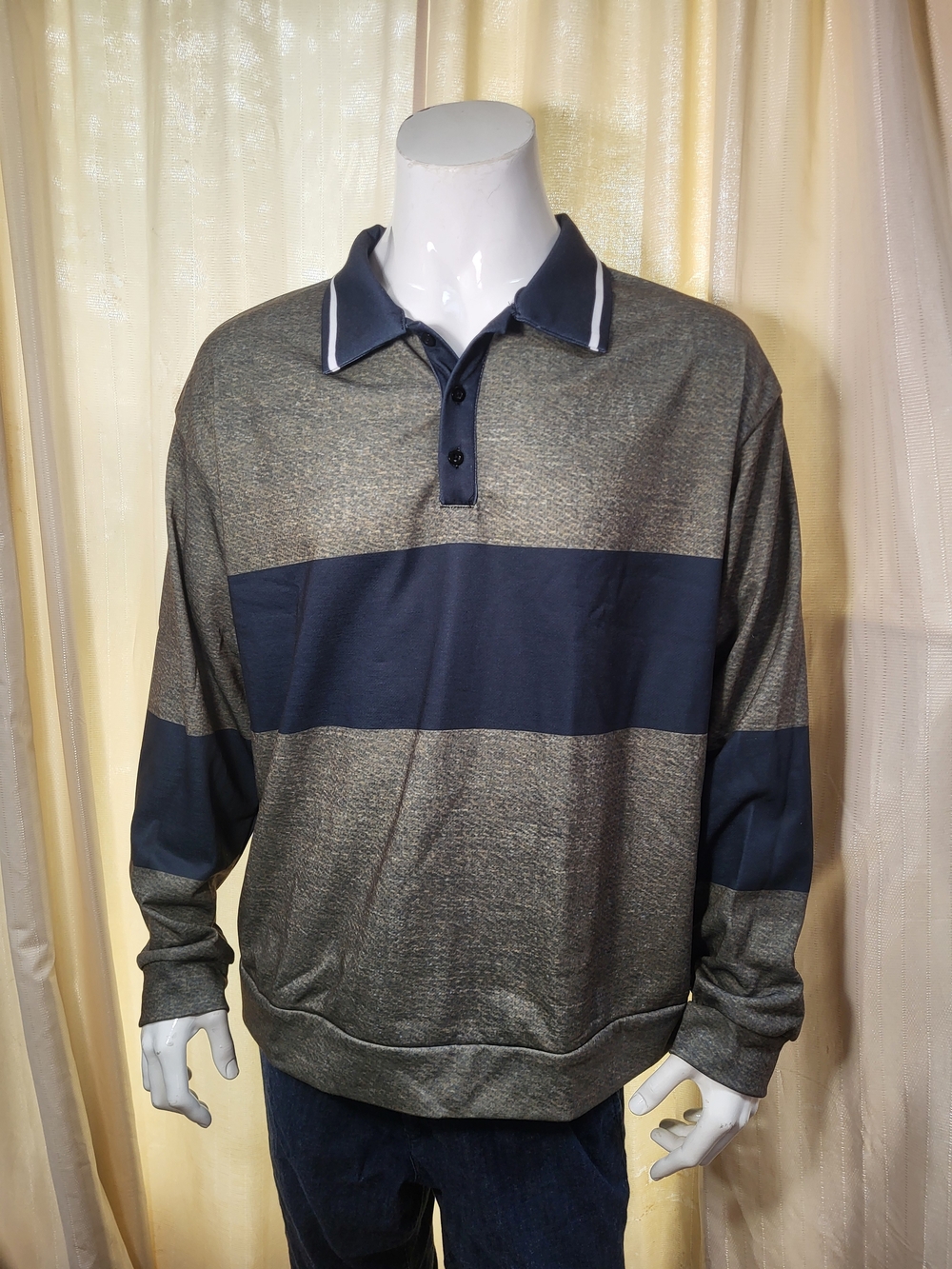 Men's XL Ouku Brand Long-Sleeve Polo Sweatshirt - Navy & Green/Grey
